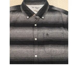 Penguin Mens Button Down Shirt‎ Black Gray Stripe Short Sleeve Size M
